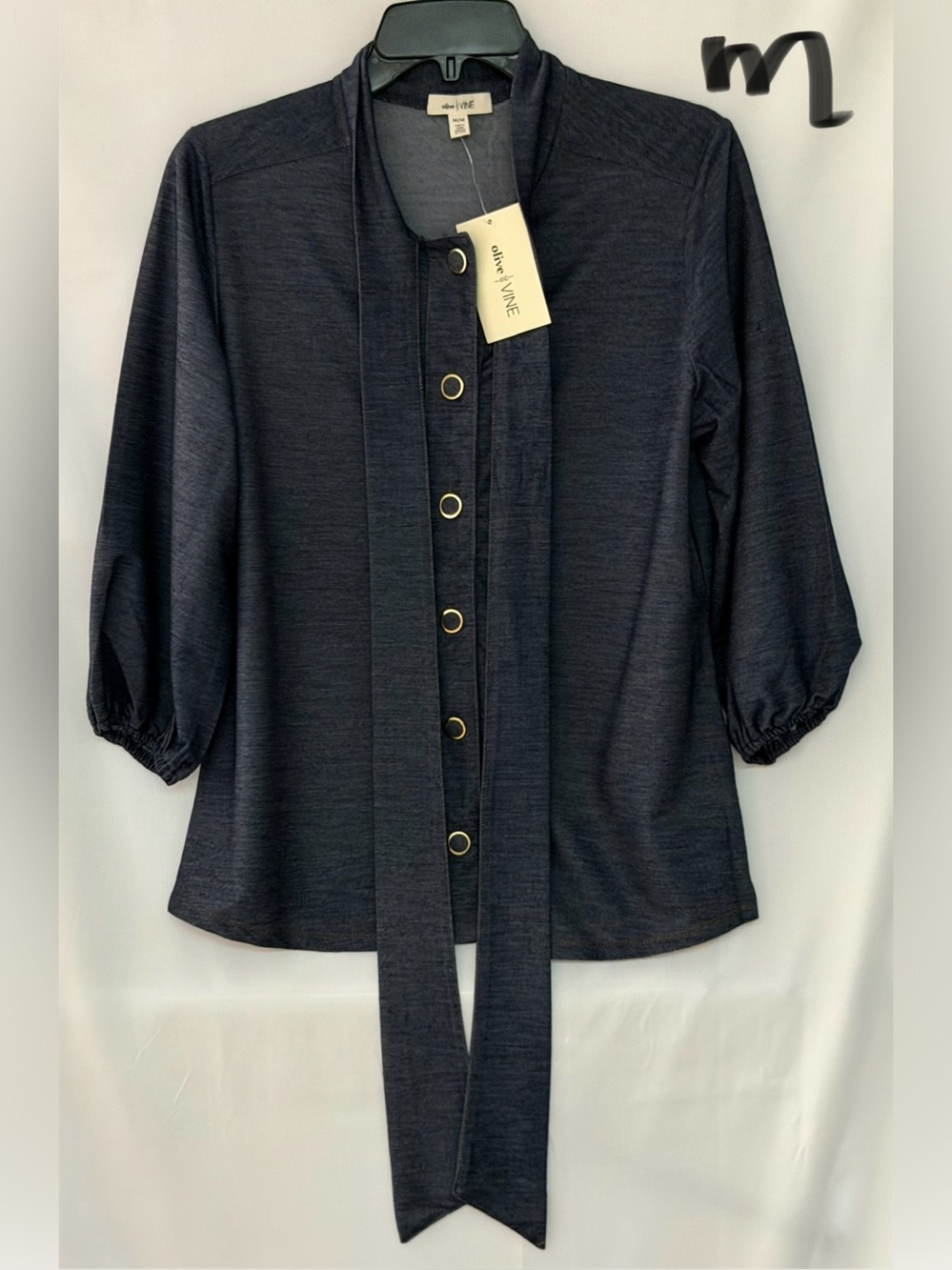 Navy Button-Front Tie-Neck Blouse